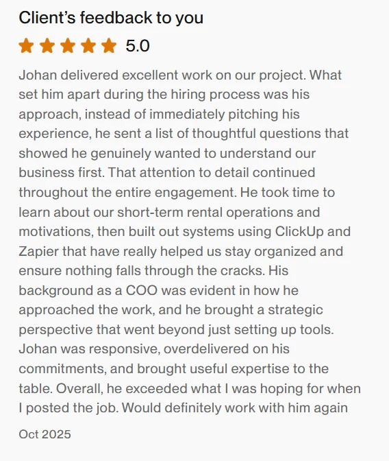 Upwork testimonial from BA Property Holdings